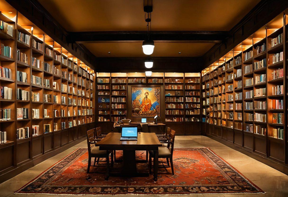 A vibrant library scene blending traditional bookshelves with digital screens displaying e-books and cultural artifacts. Include diverse readers engaged in both reading physical books and interacting with digital devices, showcasing the fusion of tradition and technology. The background features elements representing different cultures, such as art pieces and symbols. The lighting should be warm and inviting, emphasizing a welcoming atmosphere. super-realistic. vibrant colors.