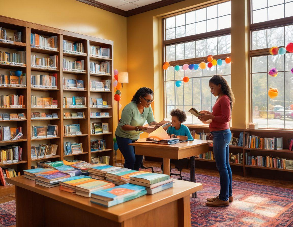 A cozy library scene featuring diverse community members engaging with resources like books, computers, and event flyers. Show a welcoming librarian assisting a child in the background, with colorful decorations celebrating local events. Include shelves filled with books and bright sunlight streaming through large windows. super-realistic. vibrant colors. warm atmosphere.